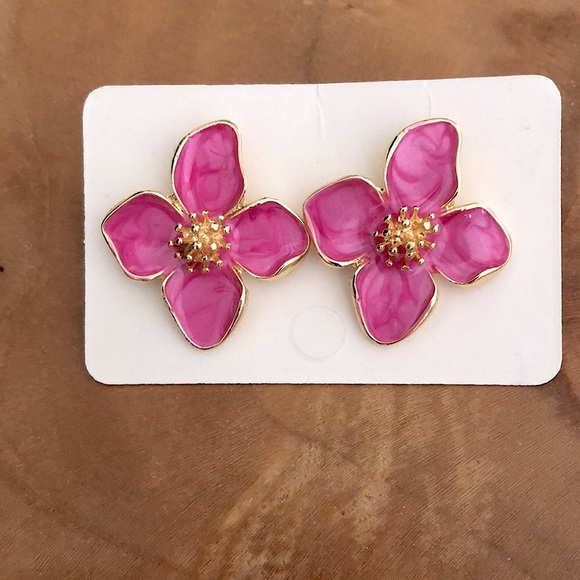Pink + Gold Flower Statement Earrings - Picture 5 of 6